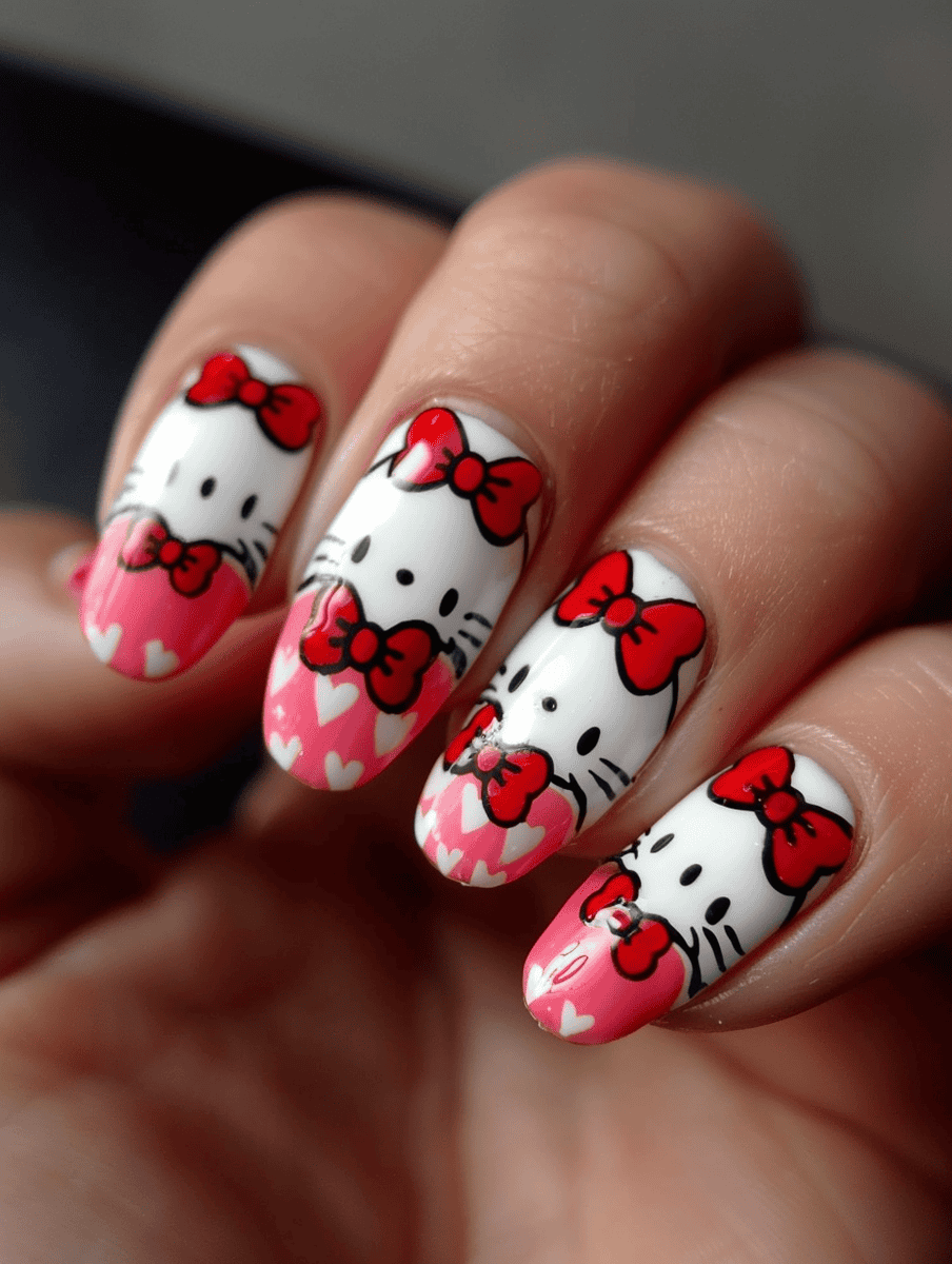 Hello Kitty pink bow themed nail art