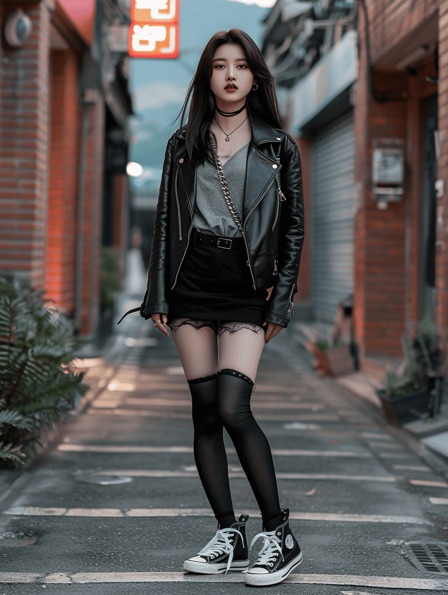 Korean woman wearing a leather jacket, gray shirt, tights, and black mini skirt