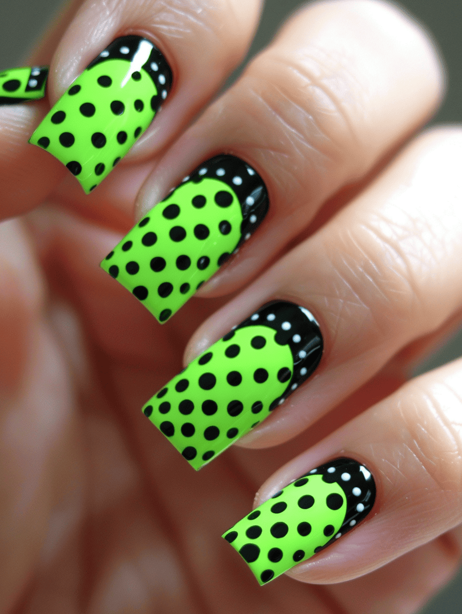 Lime green base with black polka dots
