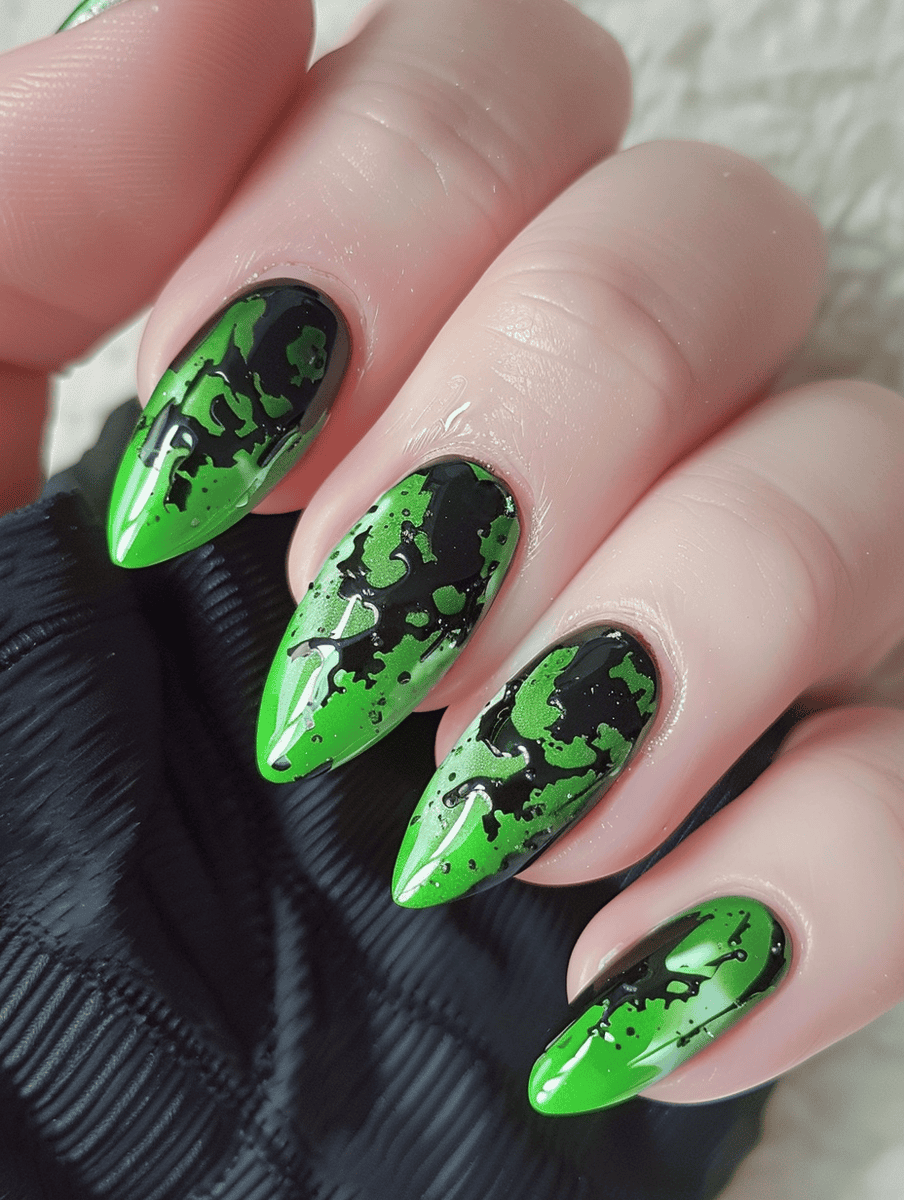 Nail design with lime green base and black spilled ink effect