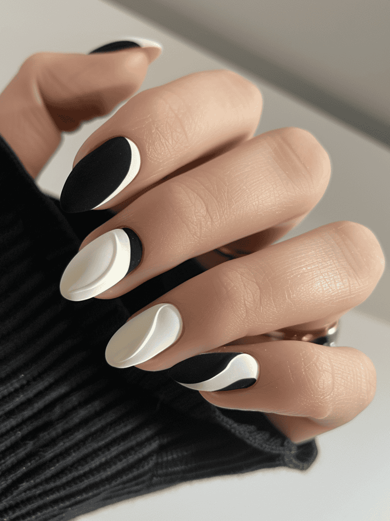 minimalist nail design. matte black and white