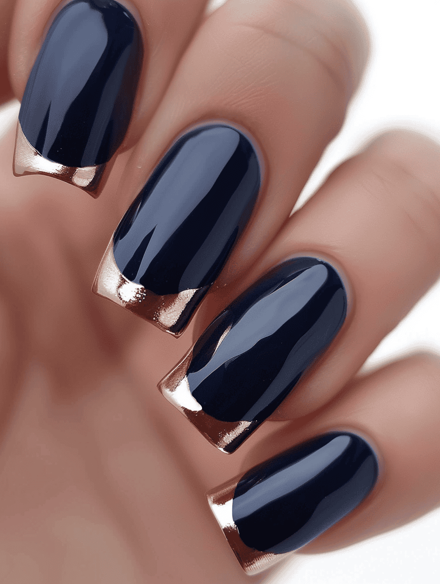 Glossy navy with rose gold metallic french tips