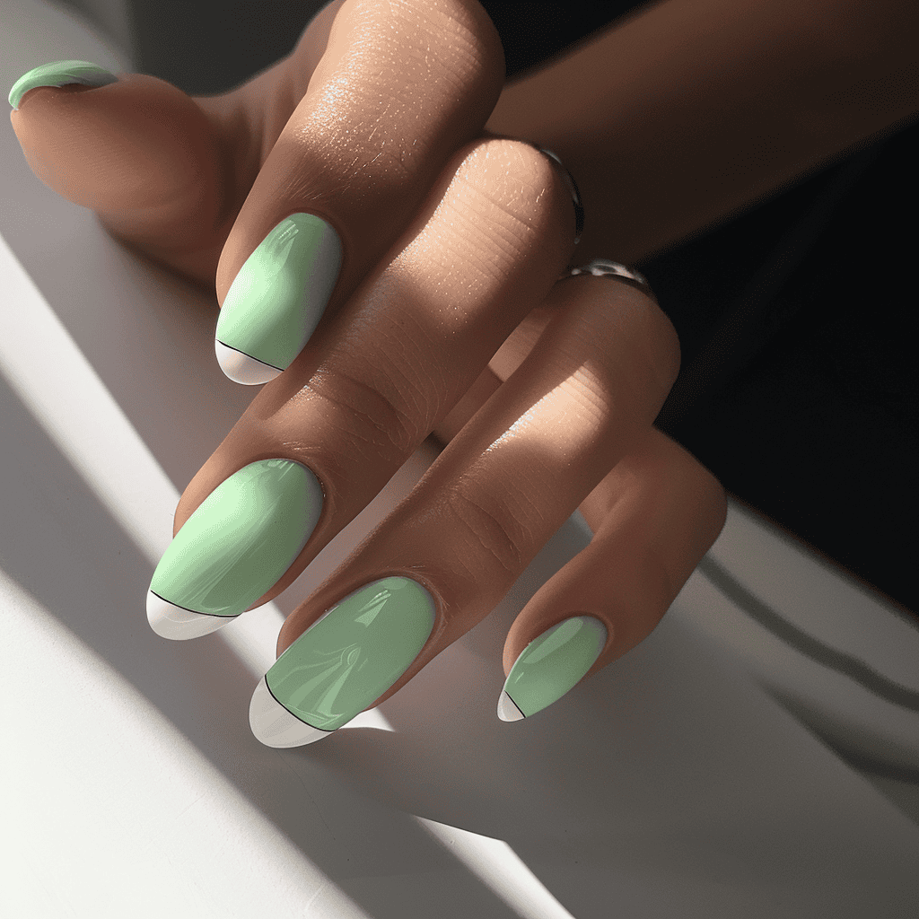 minimalist nail design with mint green and an off-center white stripe