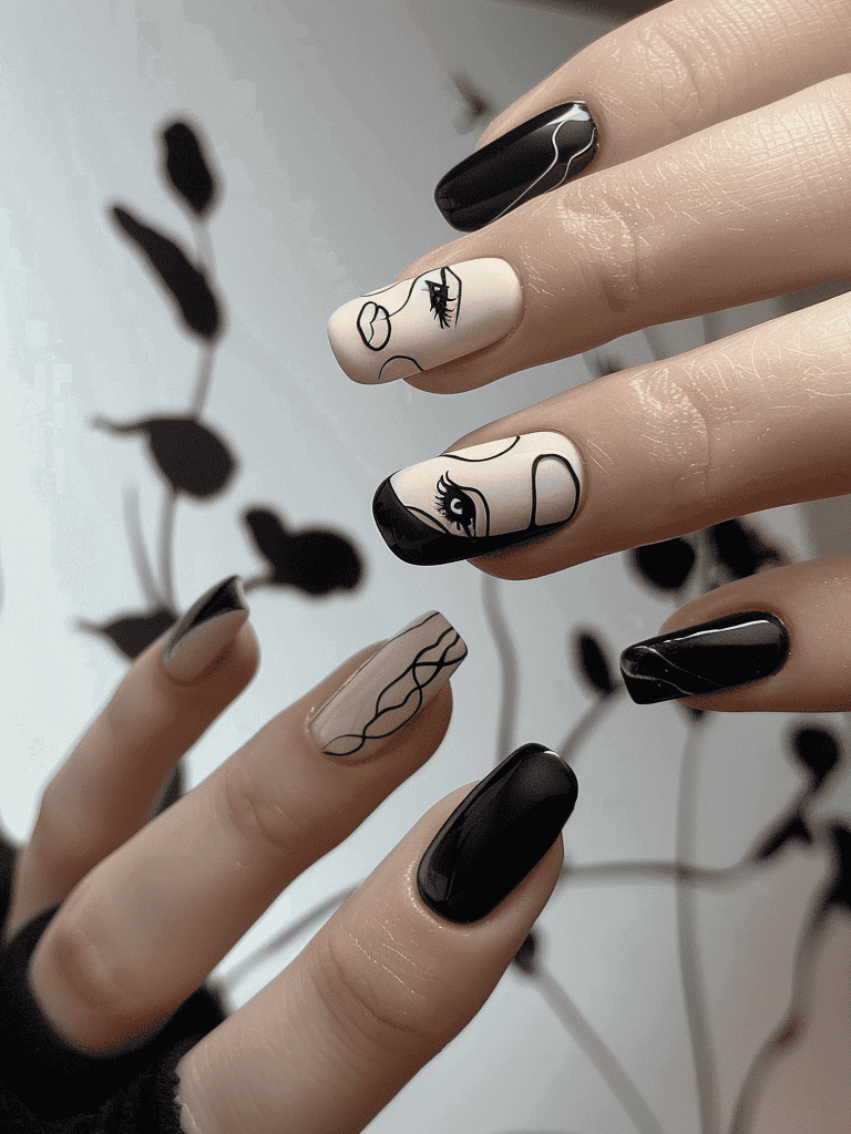 minimalist nail design. monochrome black art