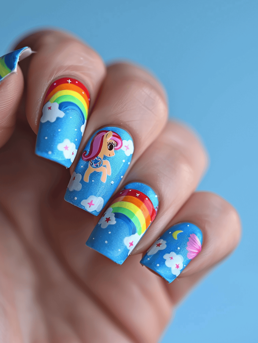 My Little Pony nail art design. Rainbow over sky blue with clouds
