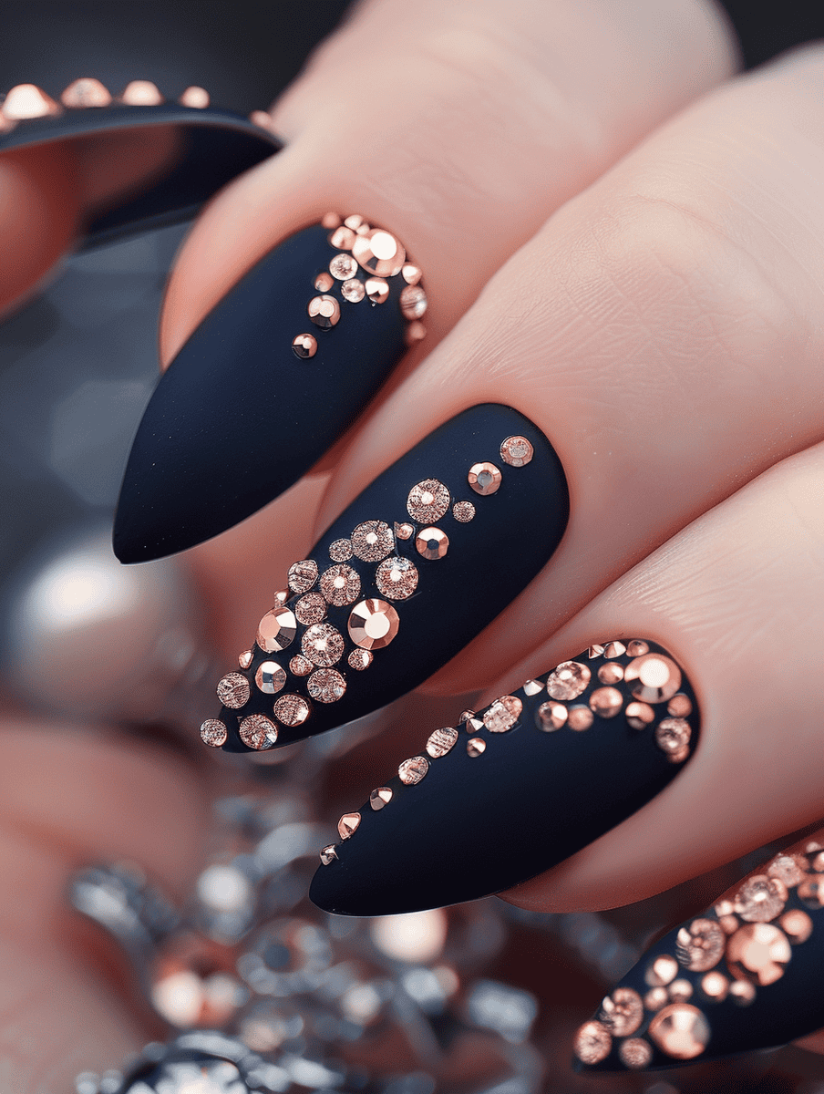Matte black nails with varying sizes of copper rhinestone accents