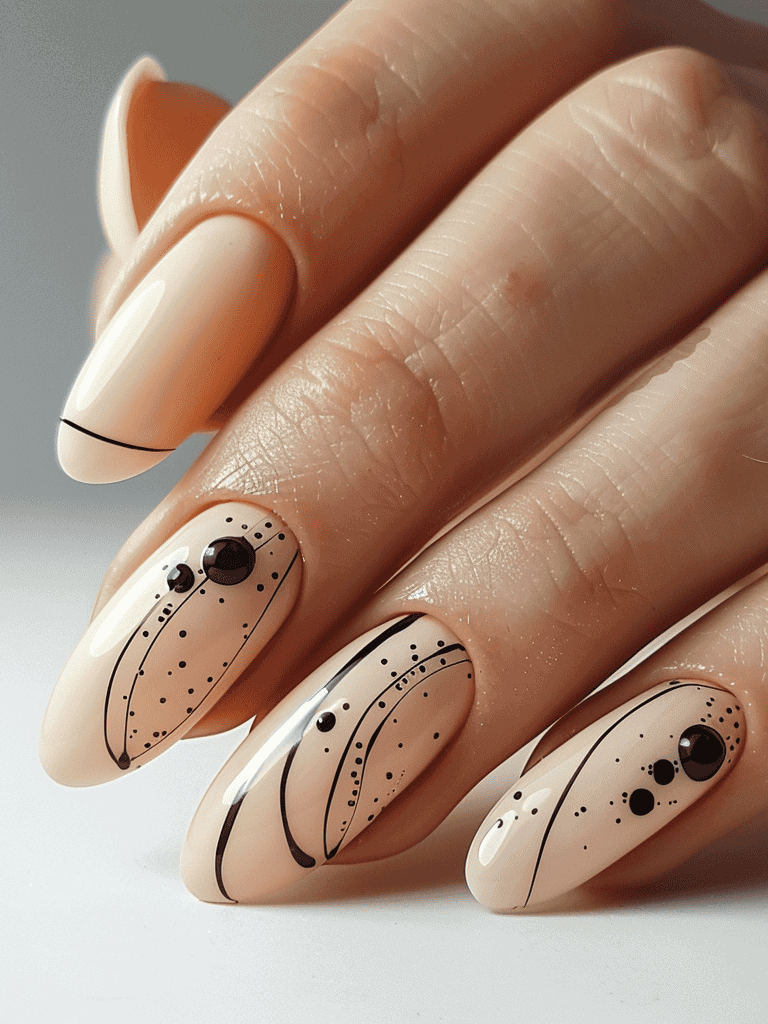 minimalist nail design with sand pink and a black dot