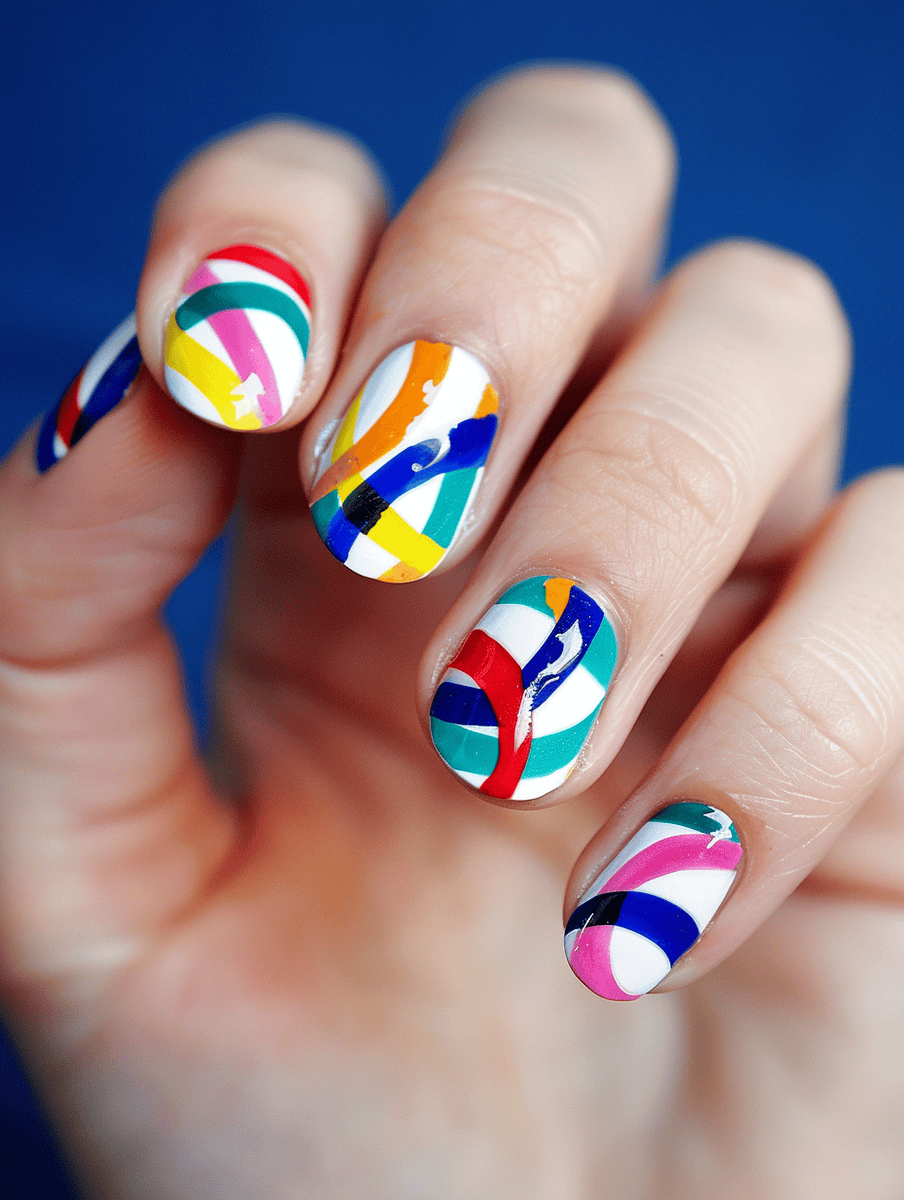 Olympics-themed nail art with interlocking Olympic rings