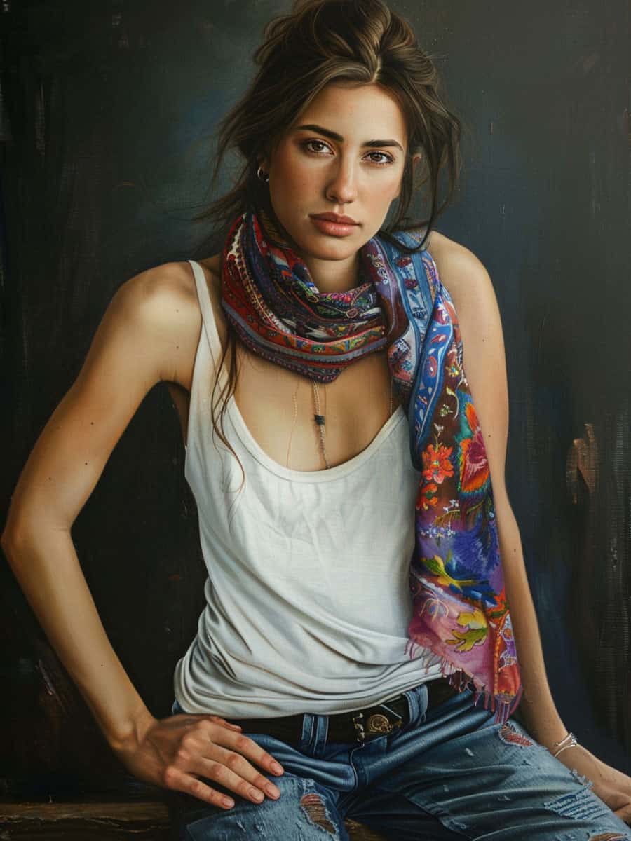 Beautiful woman wearing white tank top and colorful scarf