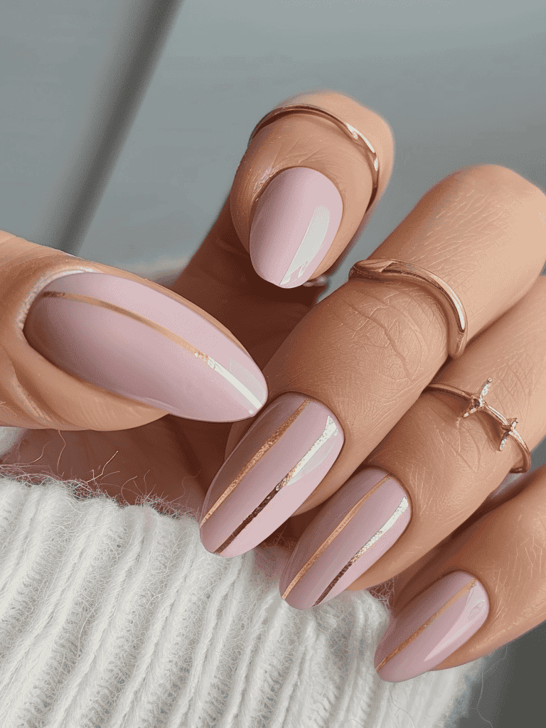 minimalist nail design with pastel pink and a gold stripe
