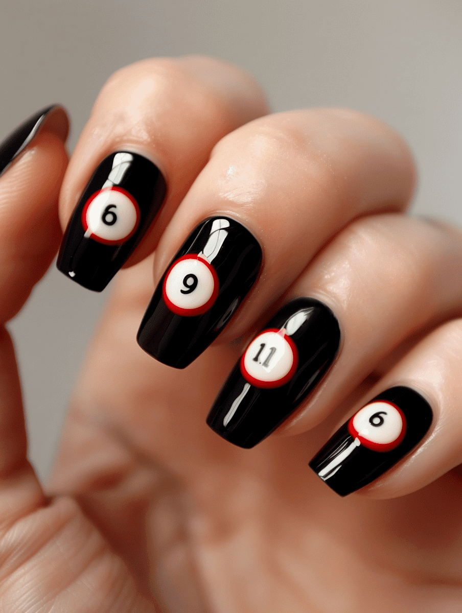 Billiard ball numbers on glossy black nail polish