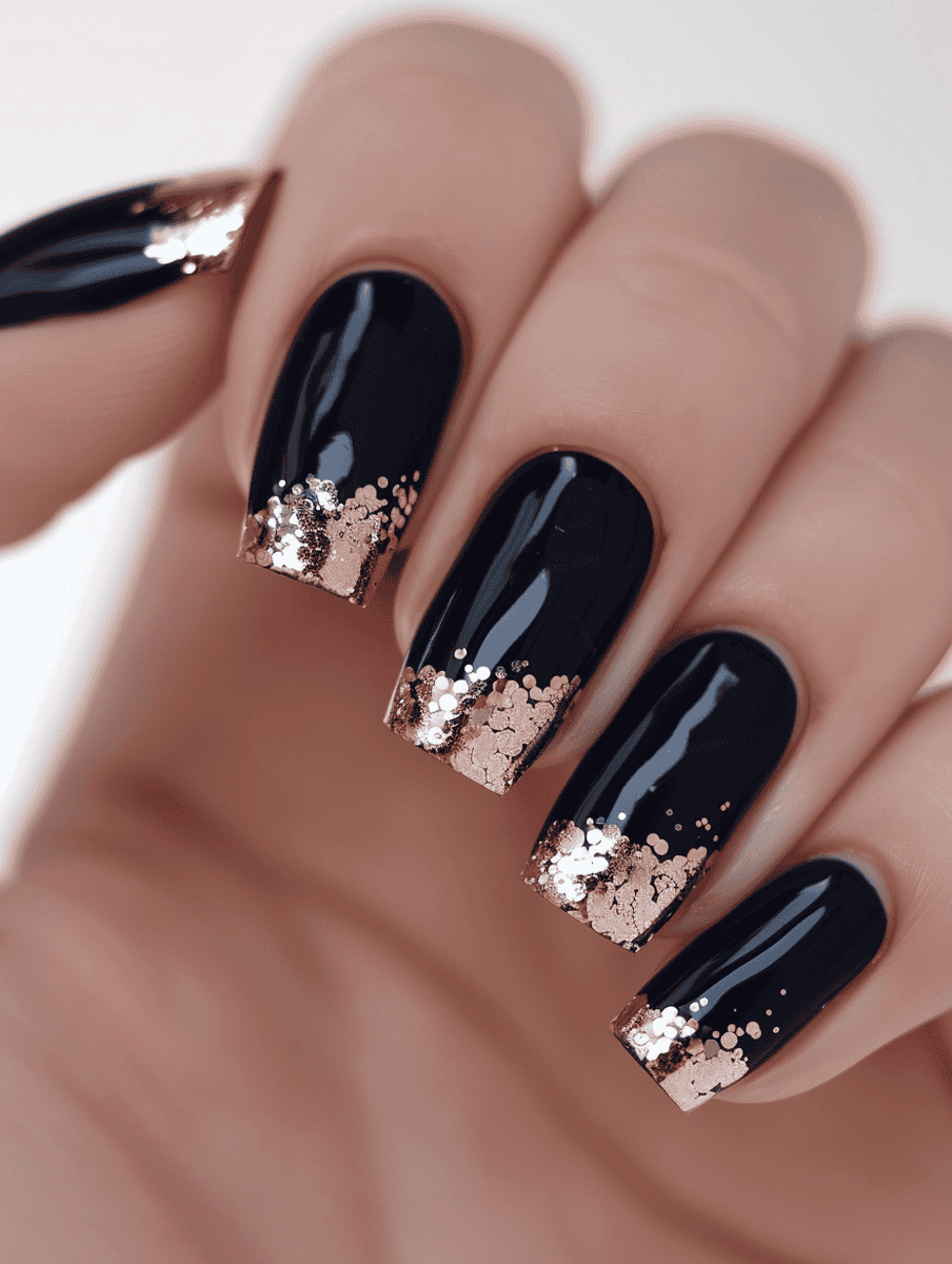 Navy background with rose gold glitter tips