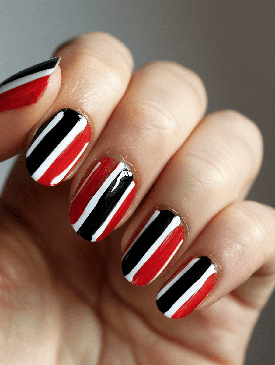 Sports-themed nail art design with running track lines
