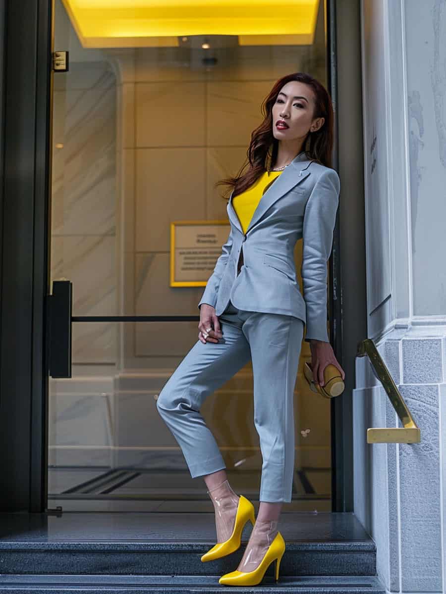 Business woman wearing yellow undershirt, gray tux and yellow stilettos