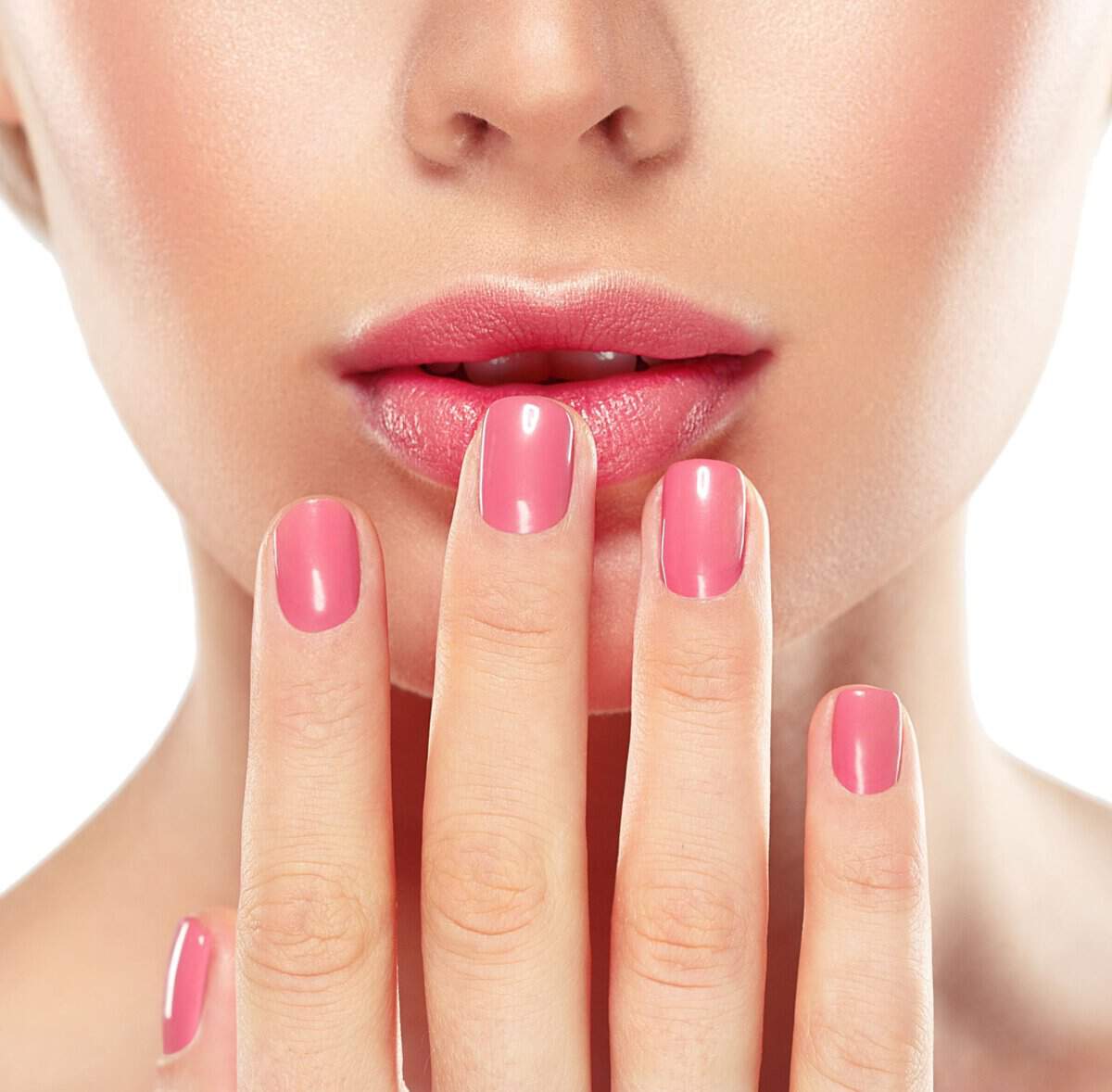 Woman nail manicure lipstick same color beauty portrait beautiful care