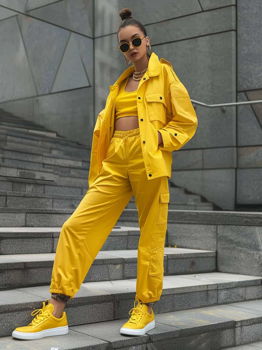 Woman wearing all yellow outfit and yellow shoe