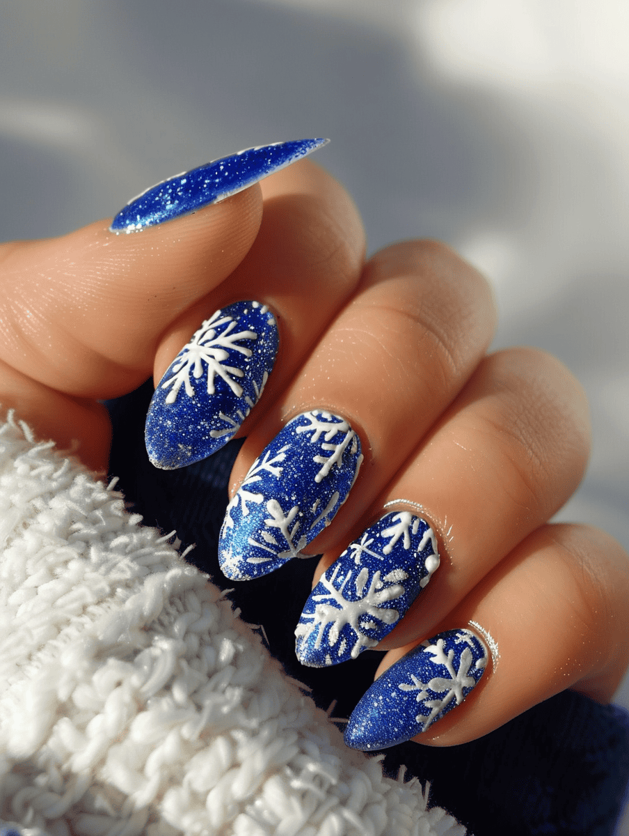 Snowflake Designs on Blue Nails