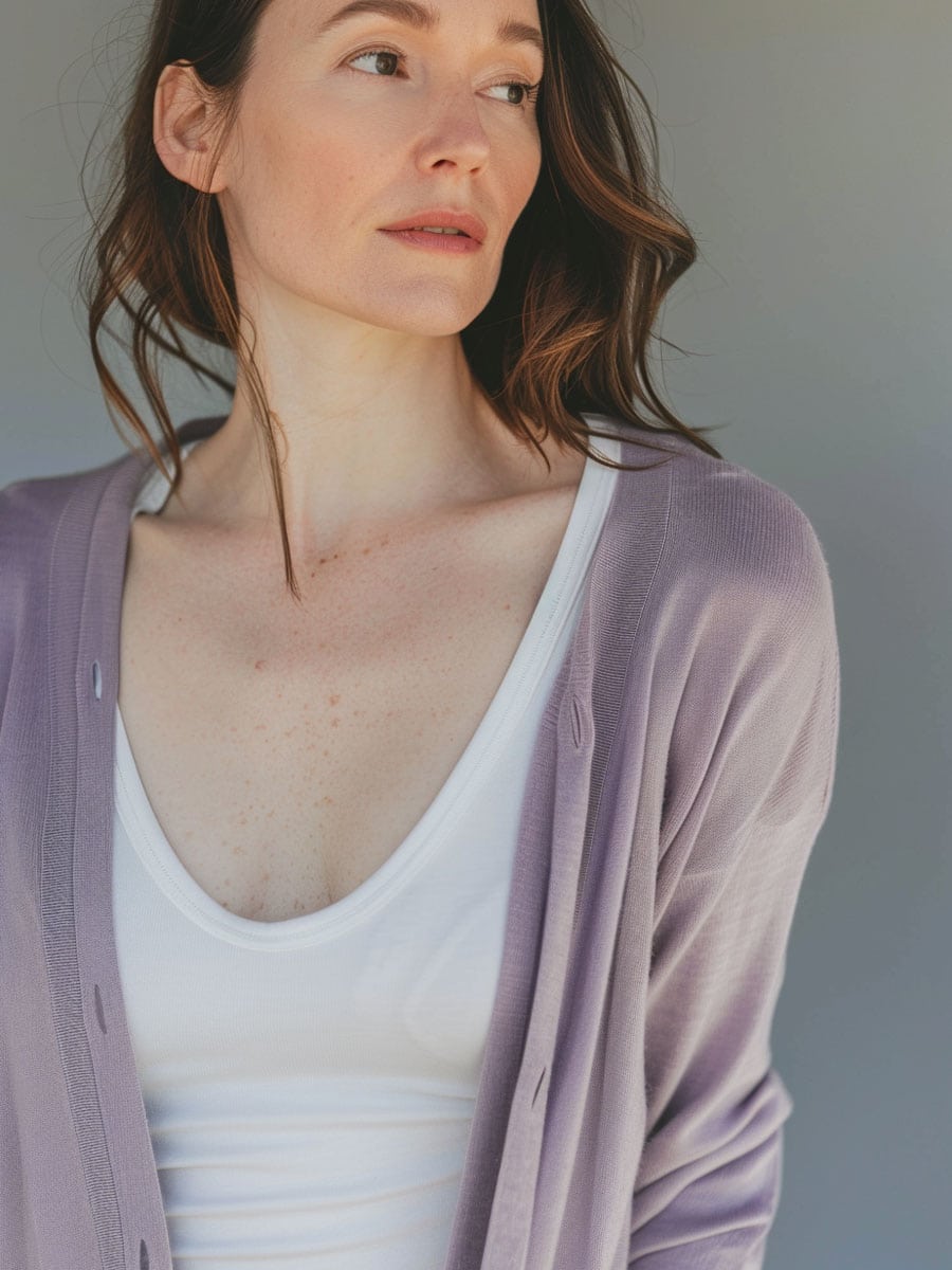 Woman wearing a light purple cardigan and white tank top