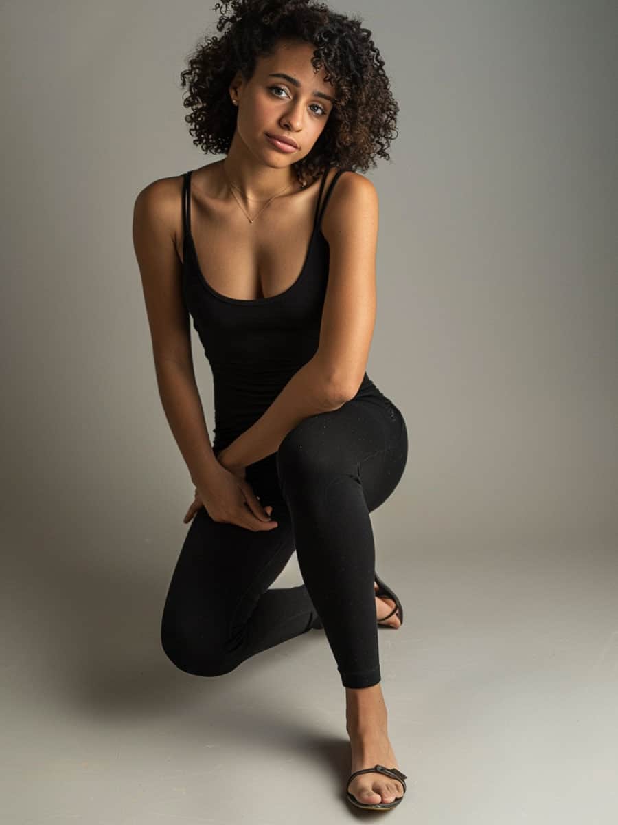Beautiful woman wearing black tank top and tight sexy black leggings
