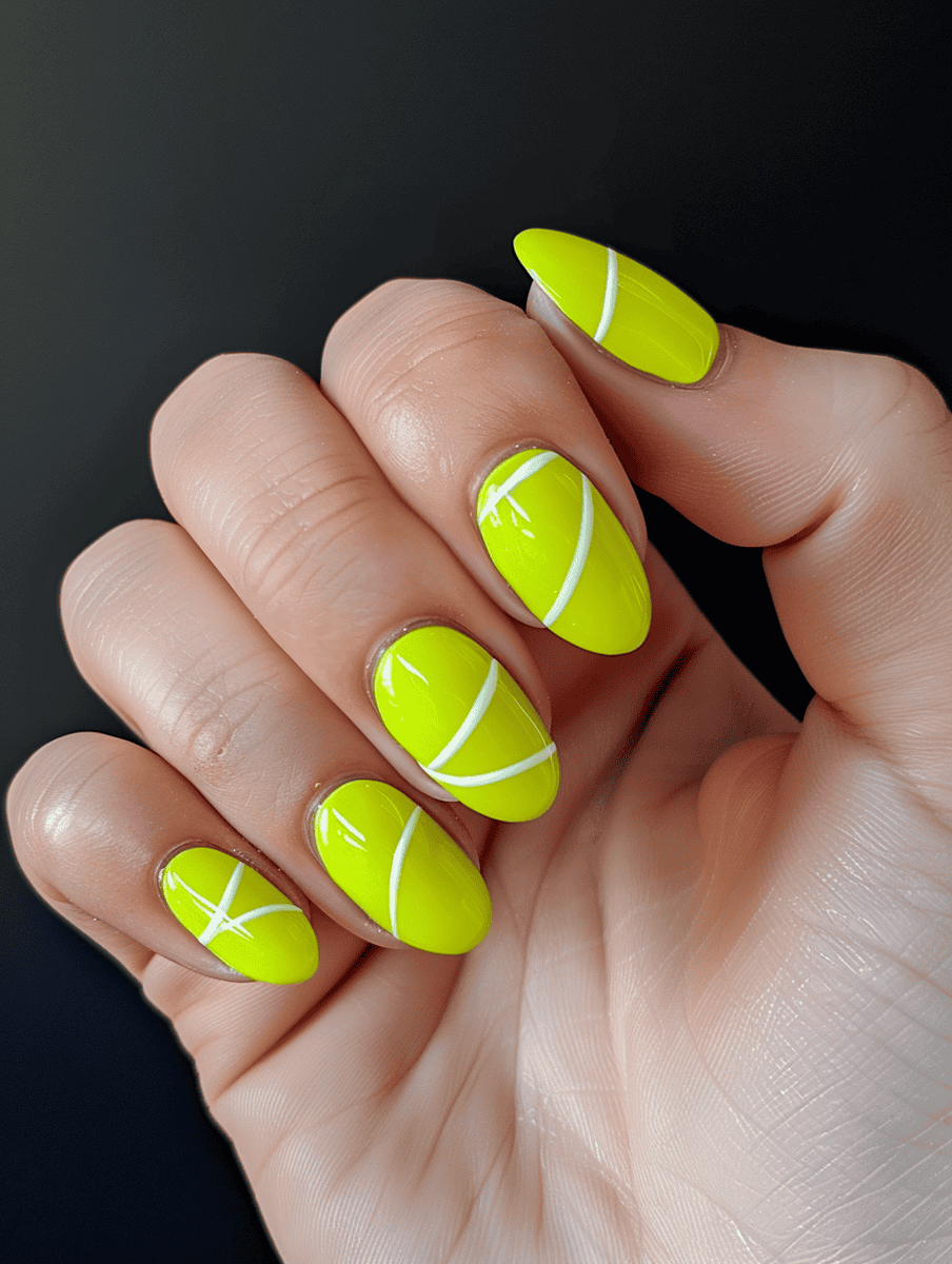 Sports-themed nail art design with a simple tennis ball