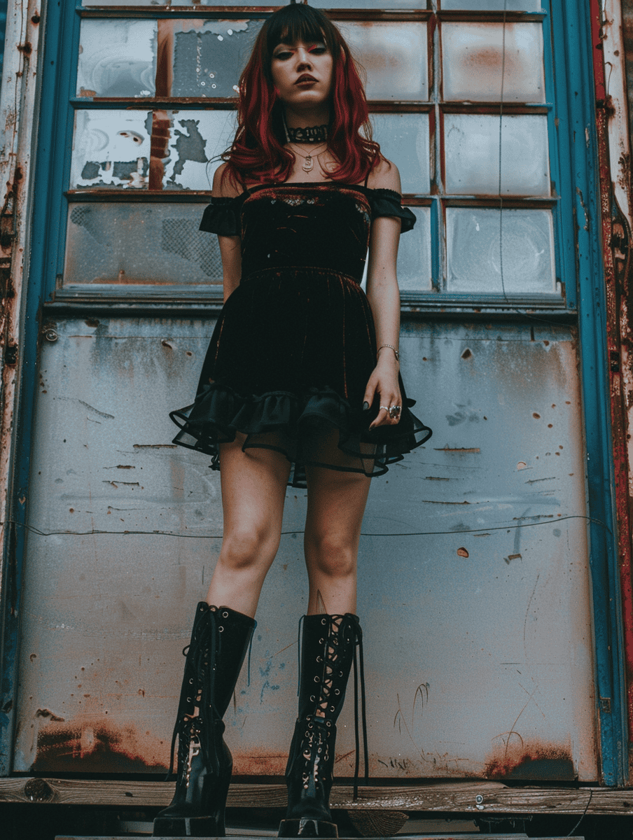 Goth girl wearing thigh high boots and skater dress