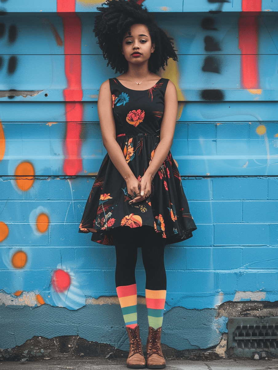 Woman wearing a black floral skater dress and colorful tights