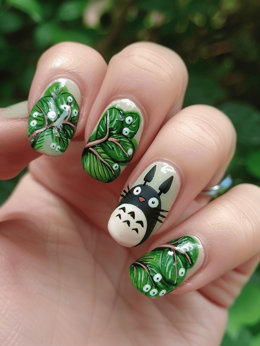 Totoro in the Forest nail art design featuring forest green with leaf motifs