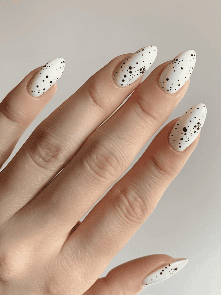 minimalist nail design with white and tiny black speckles