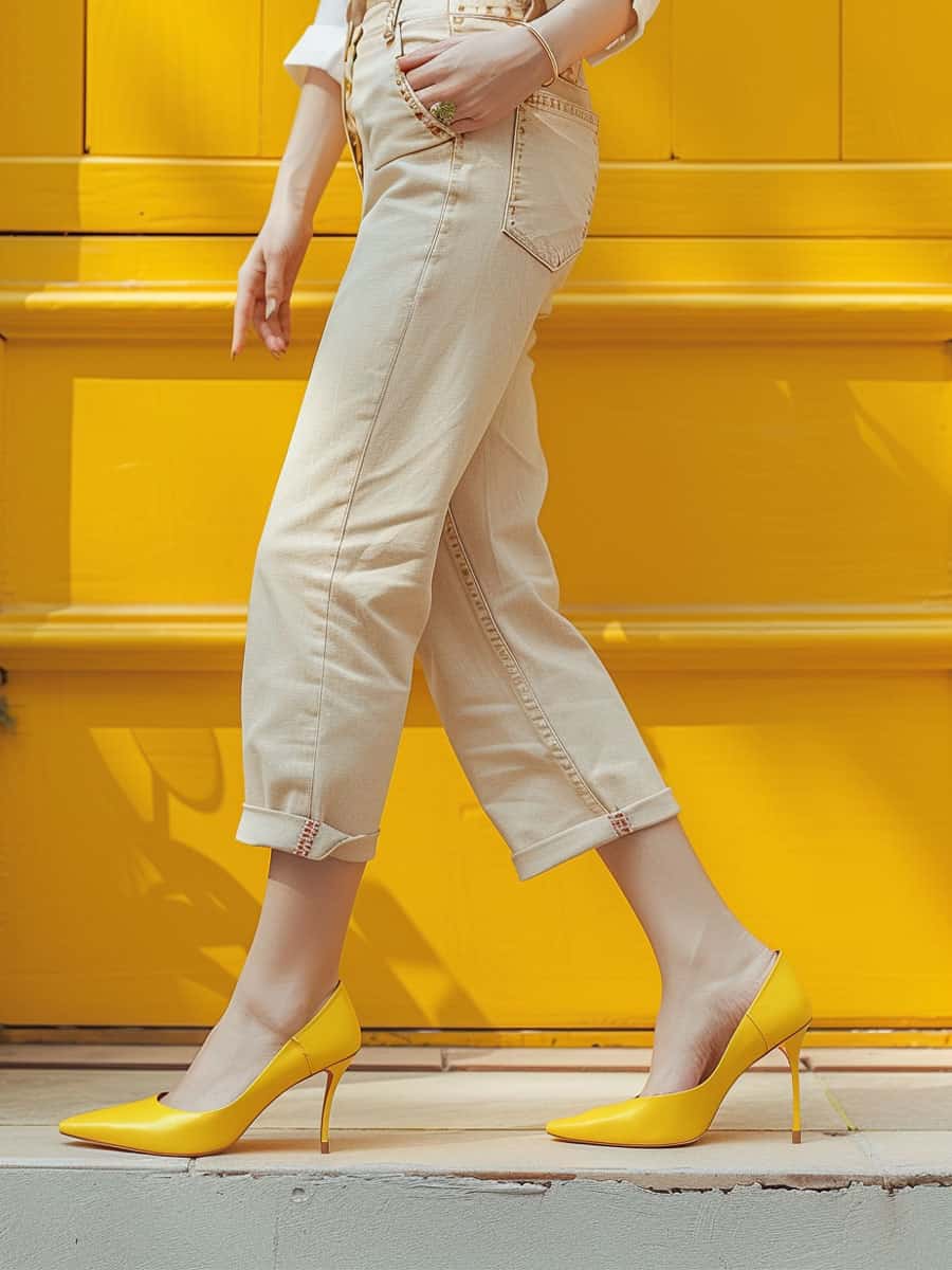 Woman wearing beige jeans and yellow heels