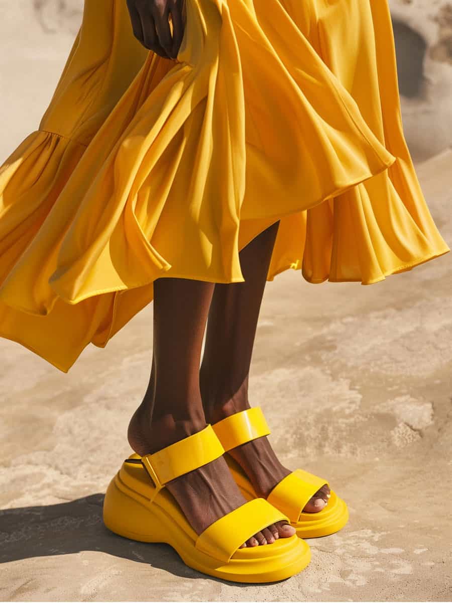 Woman wearing yellow dress and tall wedge yellow sandals