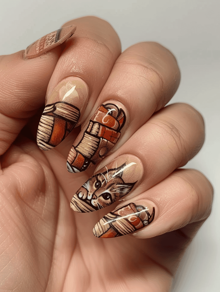 Book lover's nail art design. A cat curled up with a book