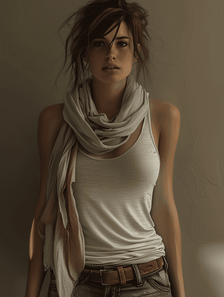 Woman wearing white tank top and a light tone colored scarf
