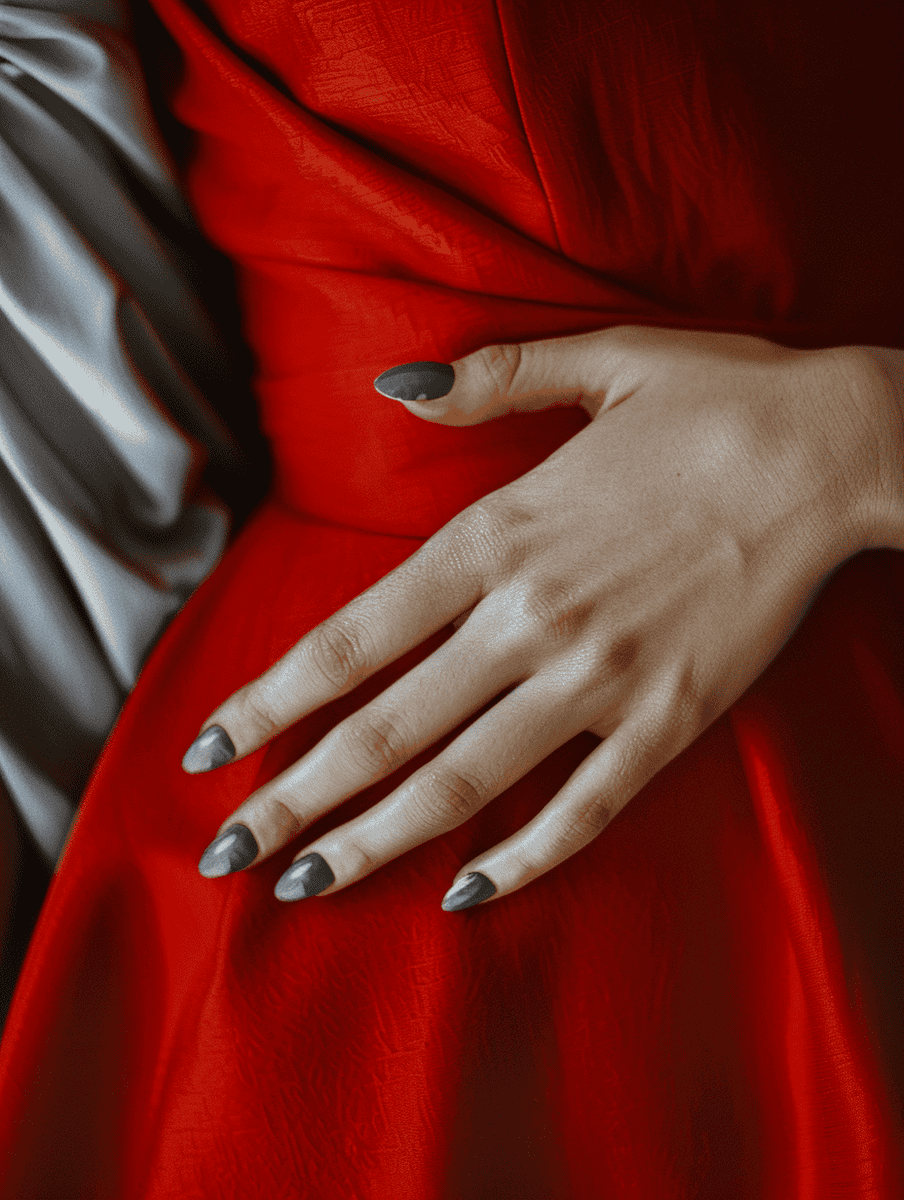 Grey nails on a red dress