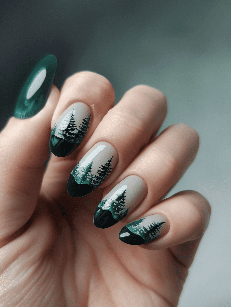 mountain landscape nail art with forest green and mountain silhouettes