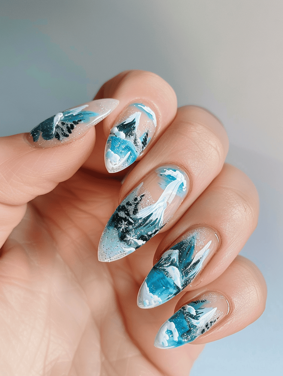 mountain landscape nail art with a winter wonderland and mountain slopes
