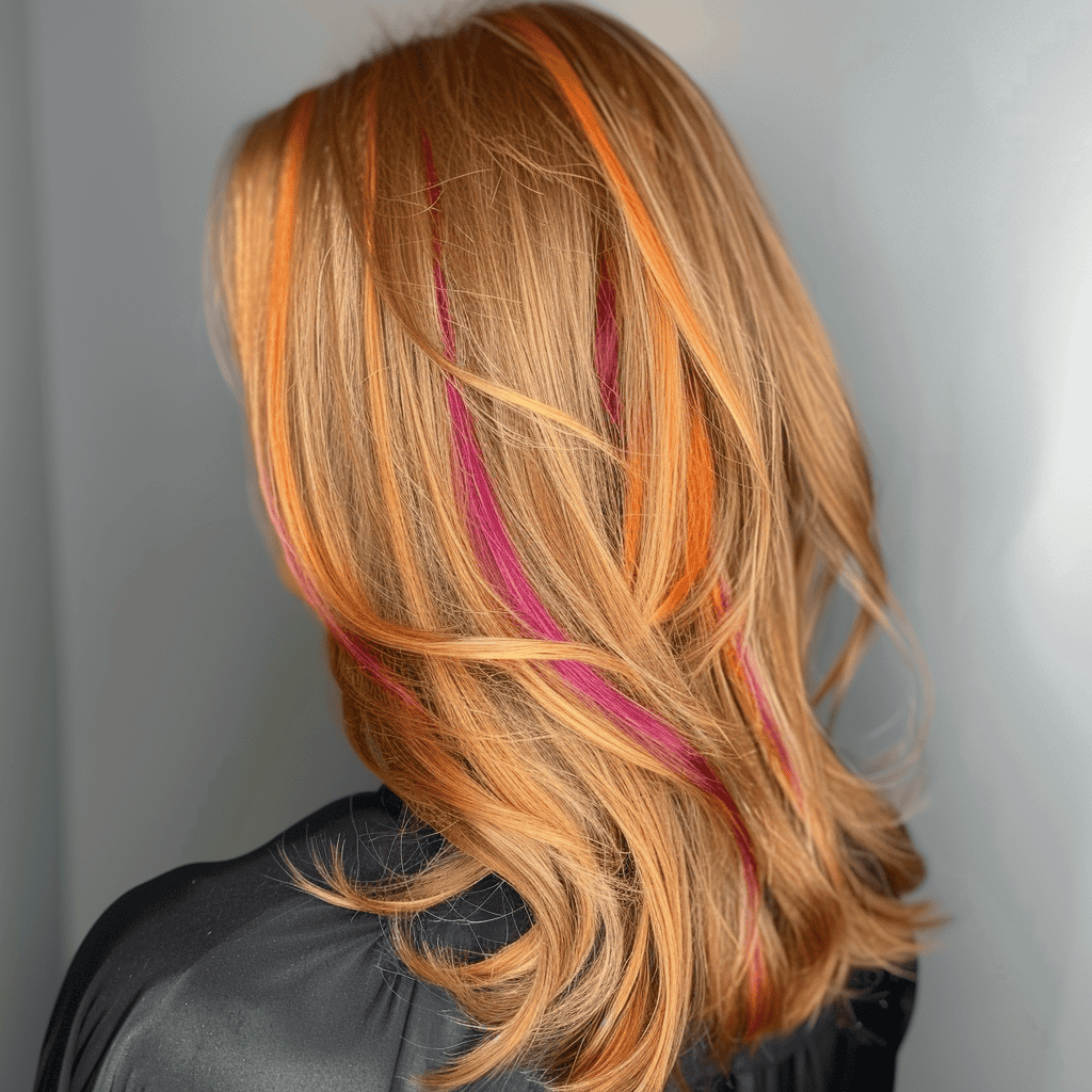 balayage hair design with sunset orange and pink streaks