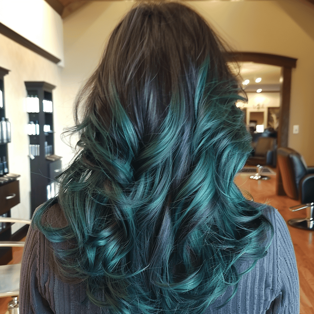 balayage hair design with emerald green and deep blue blend