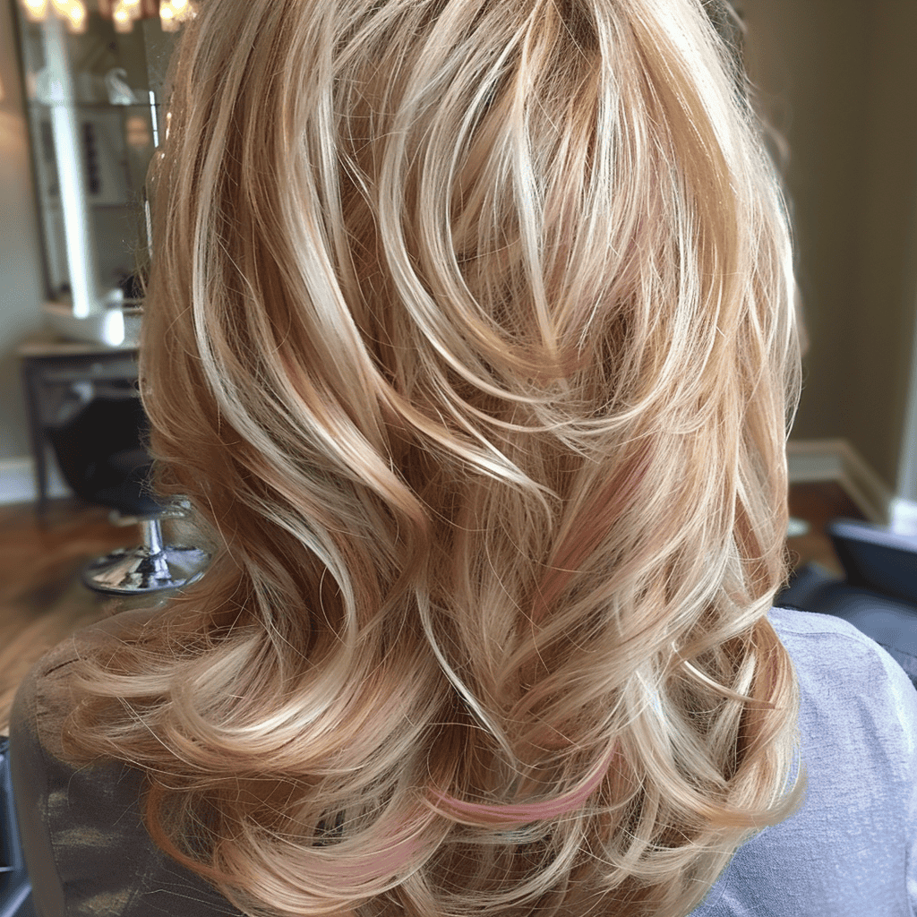 balayage hair design with rose gold and blonde highlights