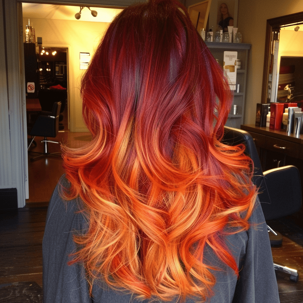 balayage hair design with fiery red and orange ombre