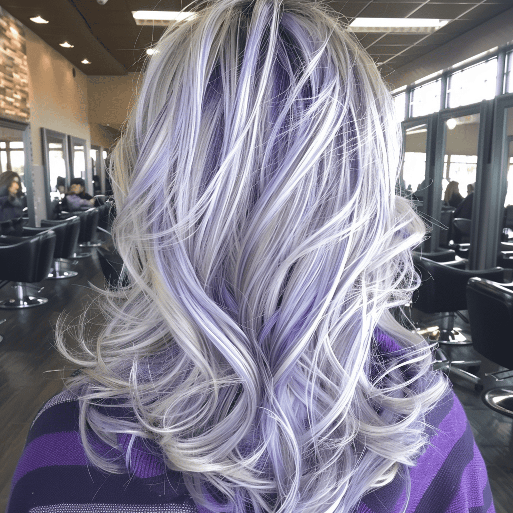 balayage hair design with lavender and silver frost