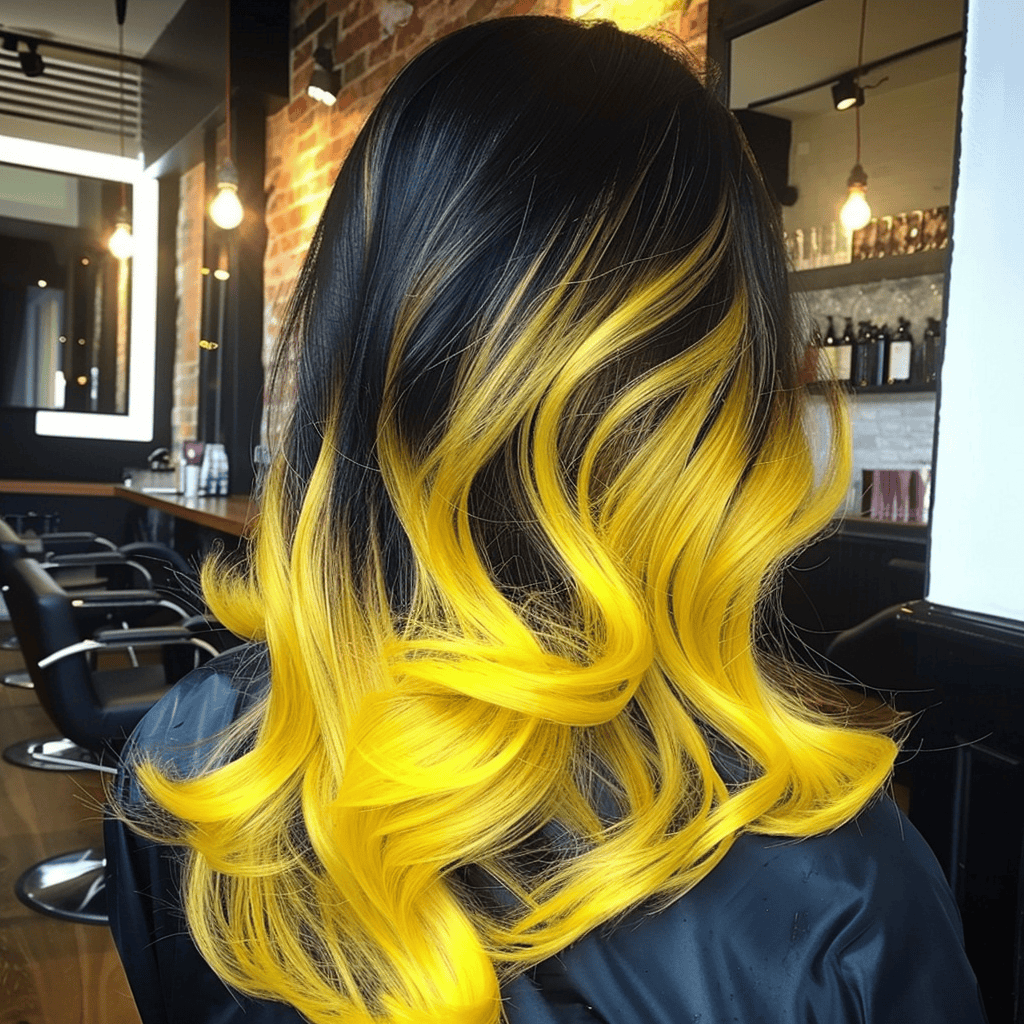 balayage hair design with bright yellow and bold black contrast