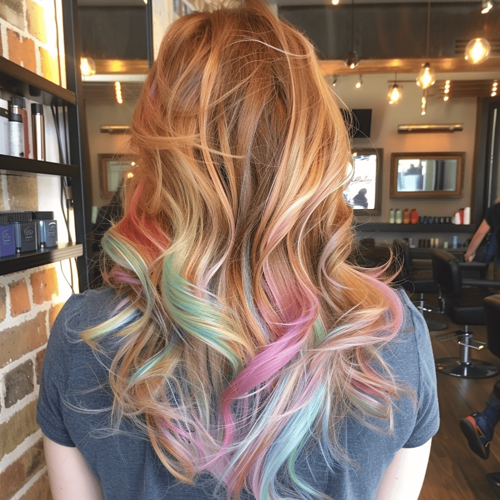 balayage hair design with pastel rainbow layers