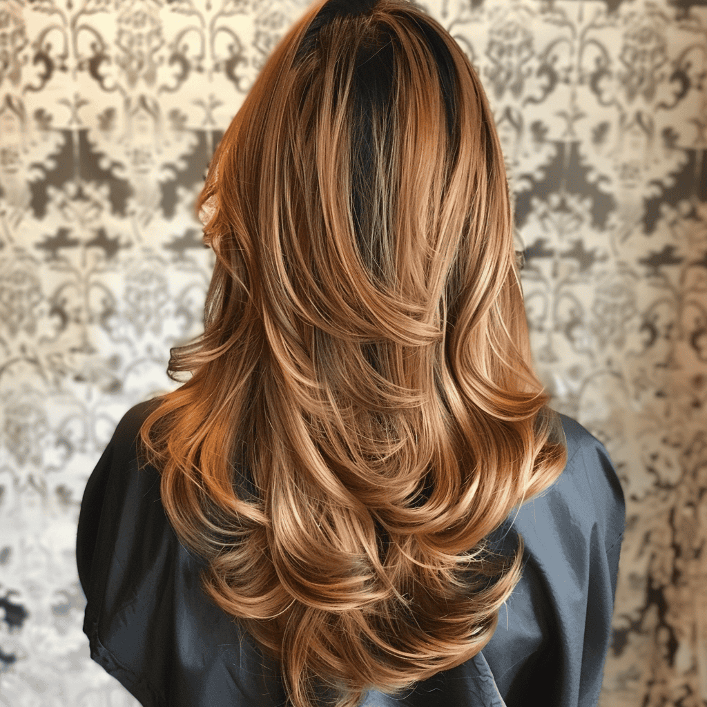 balayage hair design with golden honey and warm brown swirls
