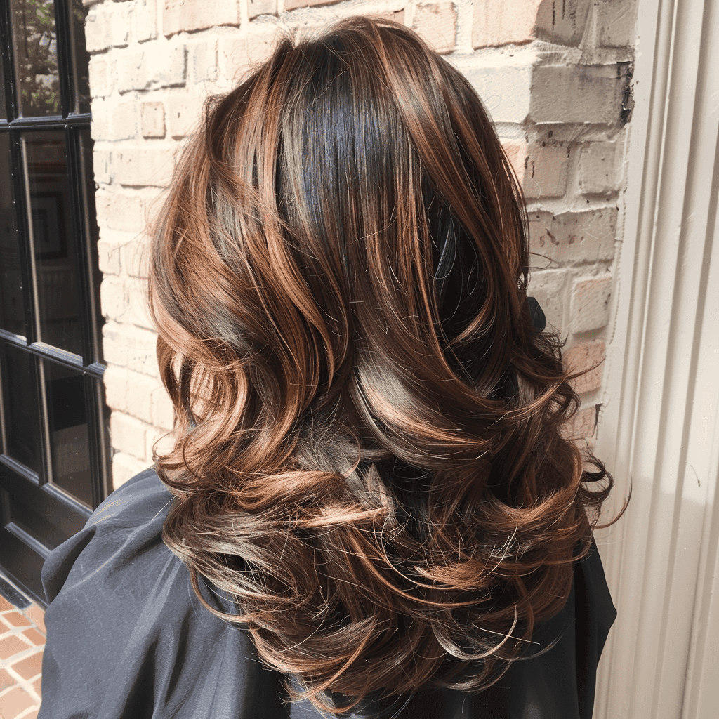 balayage hair design with chocolate brown and caramel ribbons