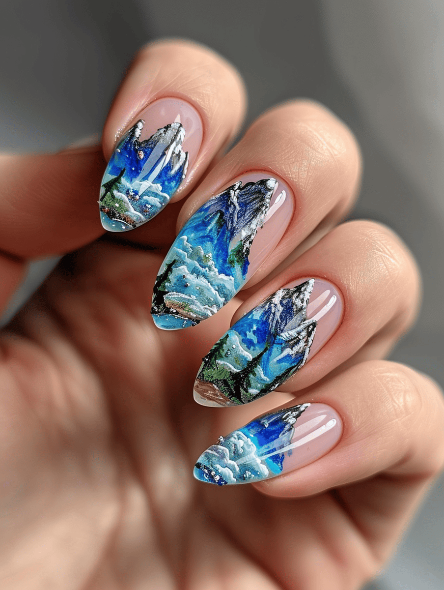 mountain landscape nail art with a crystal clear river and mountain pass