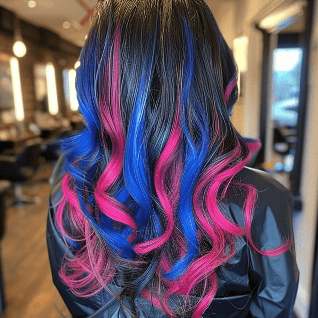 balayage hair design with neon pink and electric blue highlights