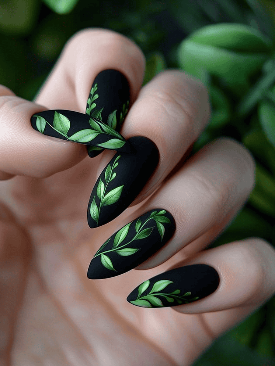 green leafy vines on matte black nails