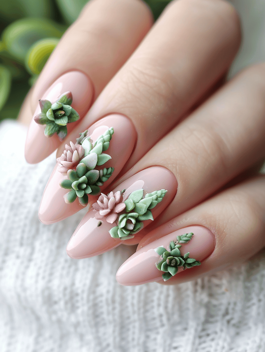nail design. miniature succulents on pastel pink