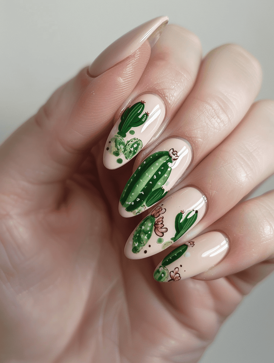 nail design. cactus patterns on beige nails