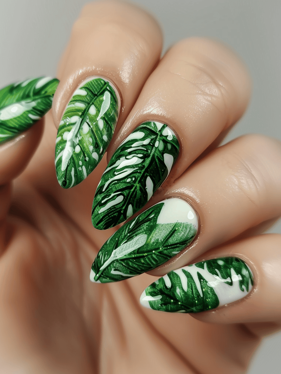 nail design. monochrome green leaf patterns